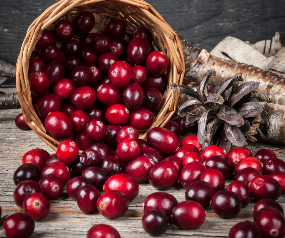 Cranberries falling out of a basket